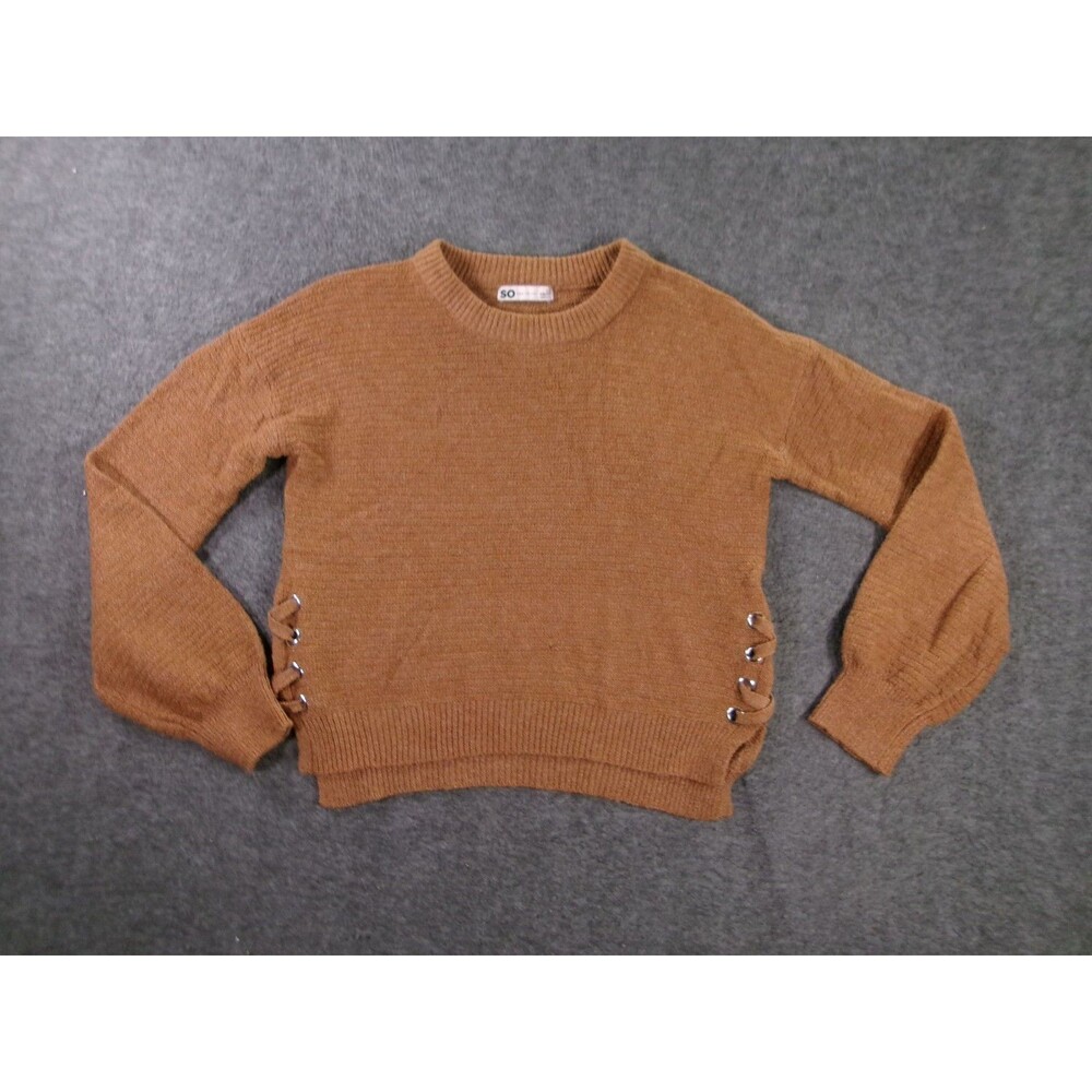 SO Sweater Womens XS Brown Crewneck Side Lace Up Eyelet Detail Long Sleeve